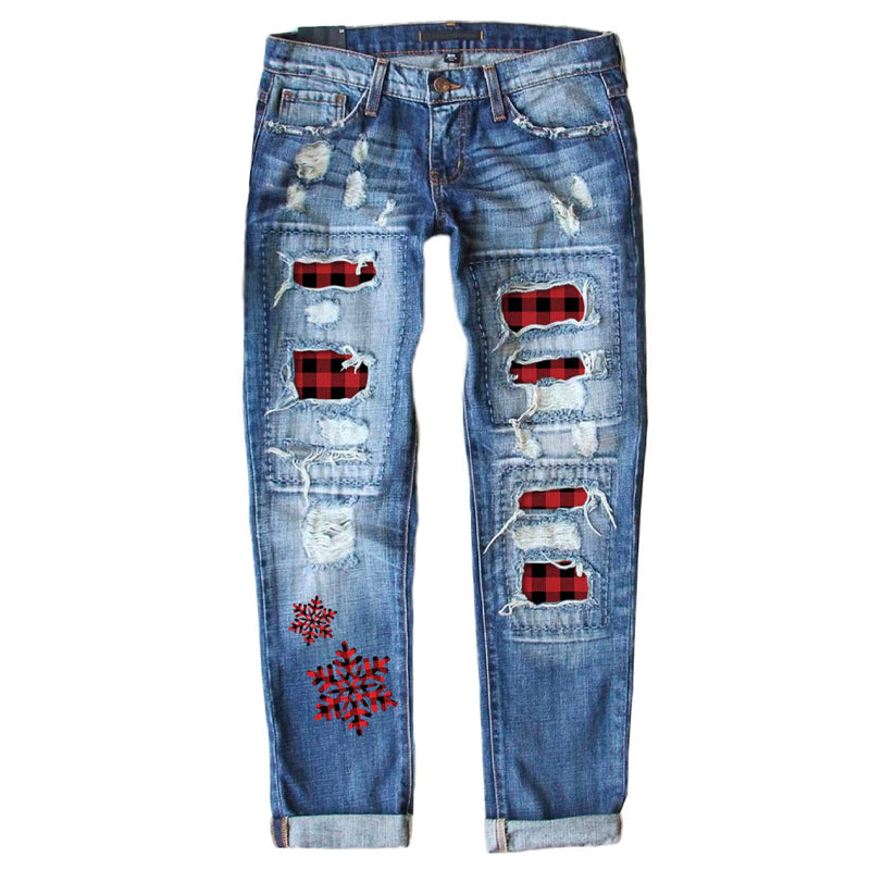 Weihnachtsmuster-Ripped-Jeans für Frauen