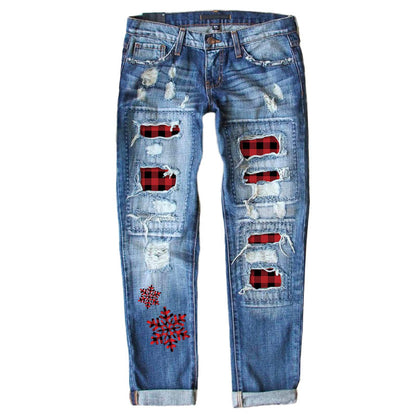 Weihnachtsmuster-Ripped-Jeans für Frauen