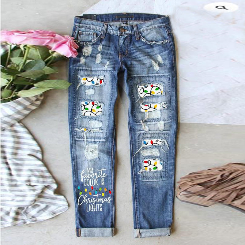 Weihnachtsmuster-Ripped-Jeans für Frauen