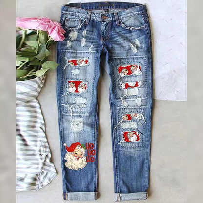 Weihnachtsmuster-Ripped-Jeans für Frauen