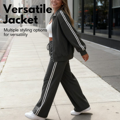 🖤Black Friday Angebot: 50% Rabatt🖤Damen-Casual-Zweiteiler mit Reißverschlussjacke & gestreifter Hose