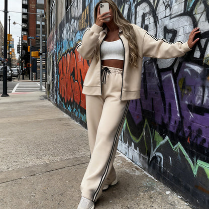 🖤Black Friday Angebot: 50% Rabatt🖤Damen-Casual-Zweiteiler mit Reißverschlussjacke & gestreifter Hose