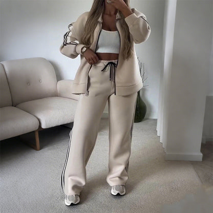 🖤Black Friday Angebot: 50% Rabatt🖤Damen-Casual-Zweiteiler mit Reißverschlussjacke & gestreifter Hose