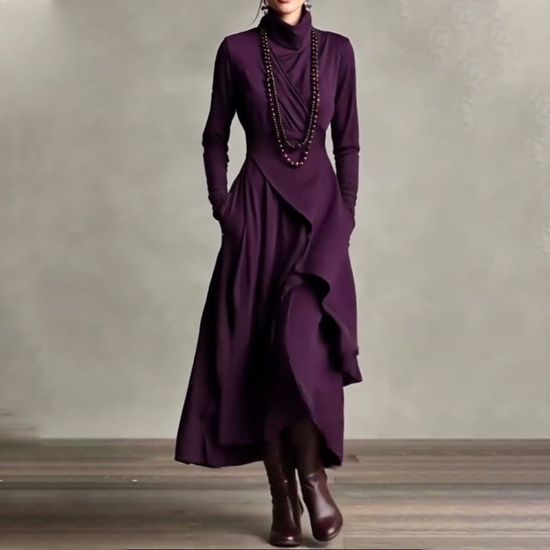 💖Black-Friday-Mega-Angebot – 50 % Rabatt!💖Damen elegantes Maxikleid mit hohem Kragen und asymmetrischer Drapierung